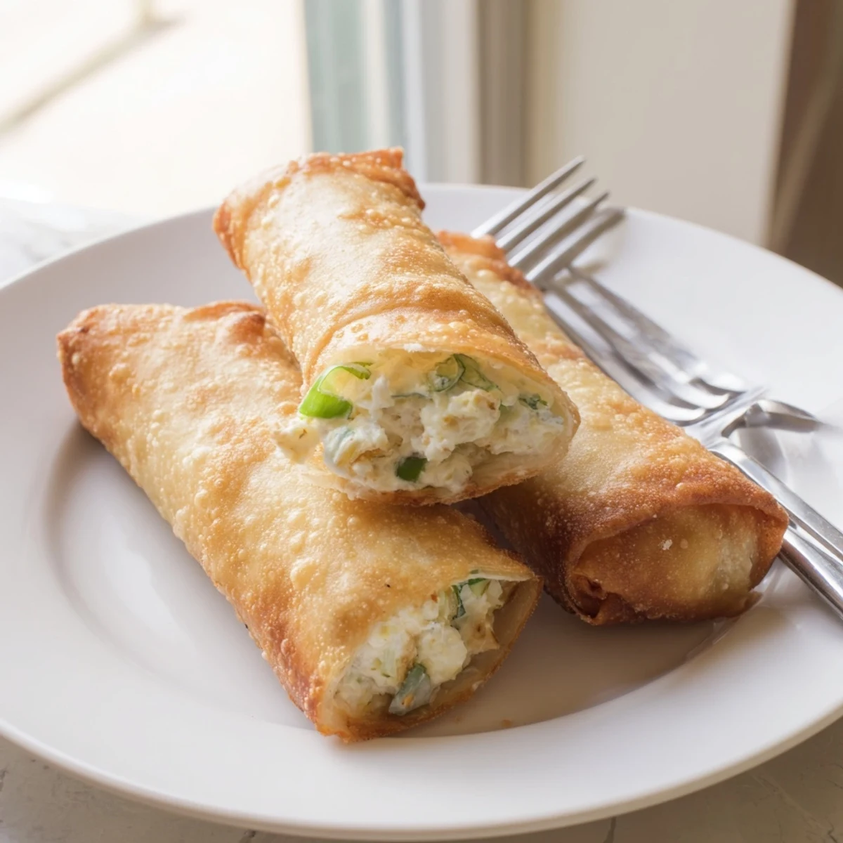 Plate of homemade Crab Rangoon egg rolls showcasing flaky texture and rich seafood cream cheese center