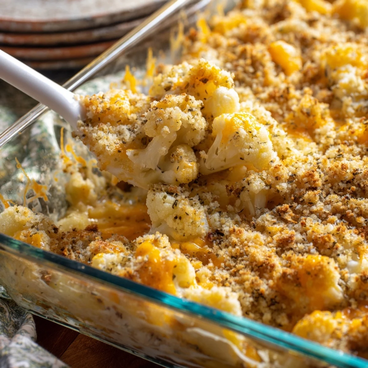 Golden baked cauliflower casserole with melted cheddar and crispy breadcrumb topping