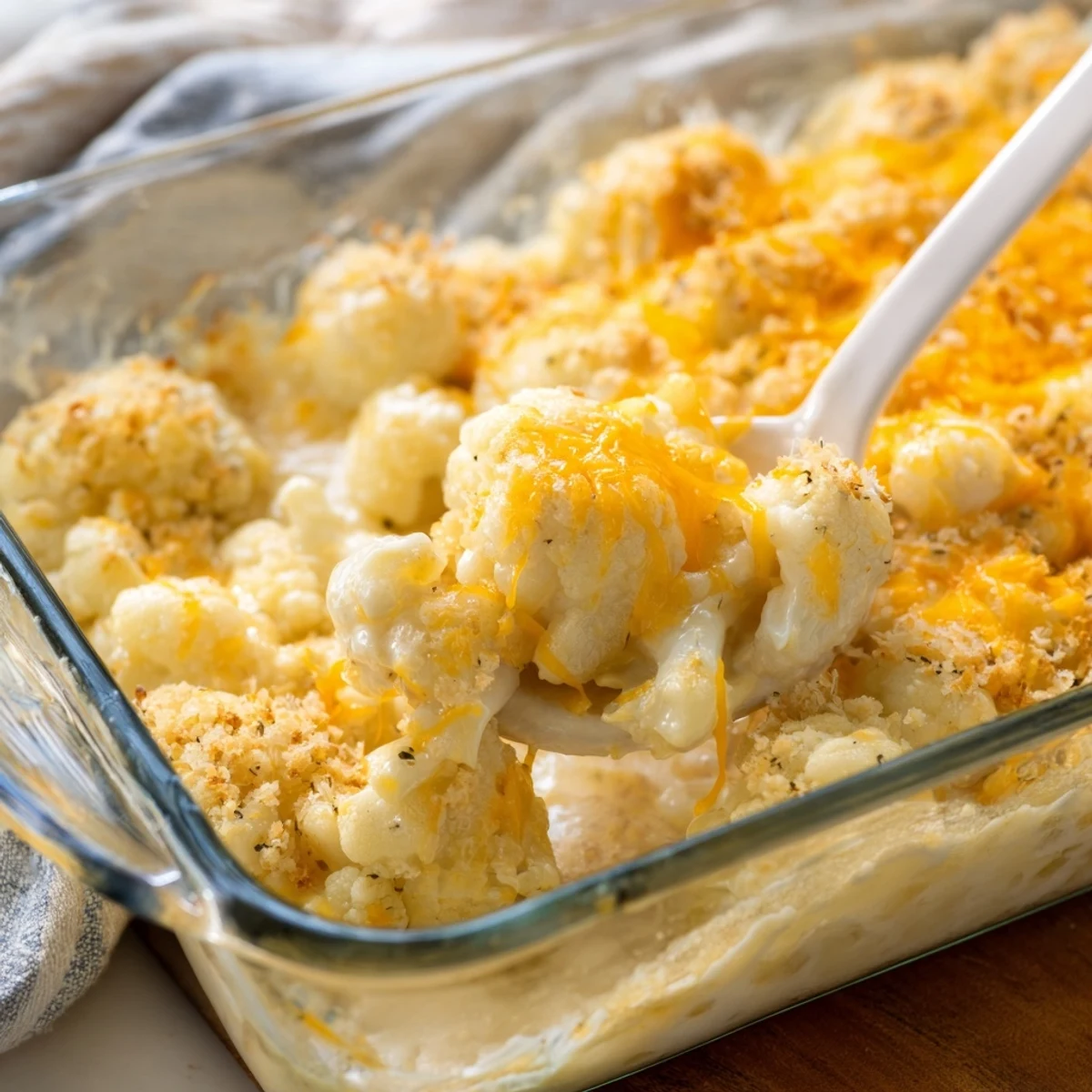 Baked cauliflower casserole bubbling with rich cheese sauce and golden Parmesan crust
