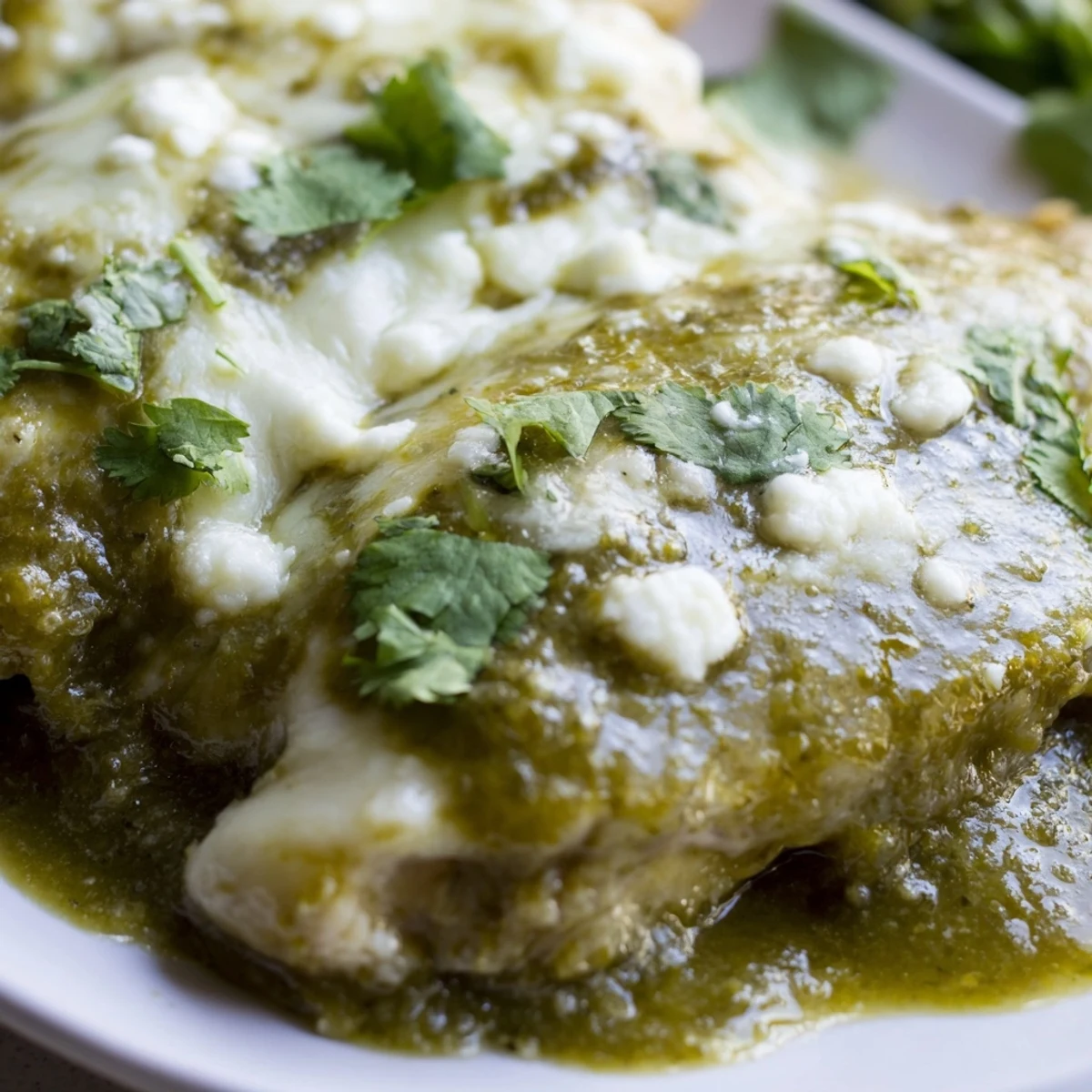 Tender salsa verde chicken simmered in tangy tomatillo sauce topped with crumbled queso fresco and lime