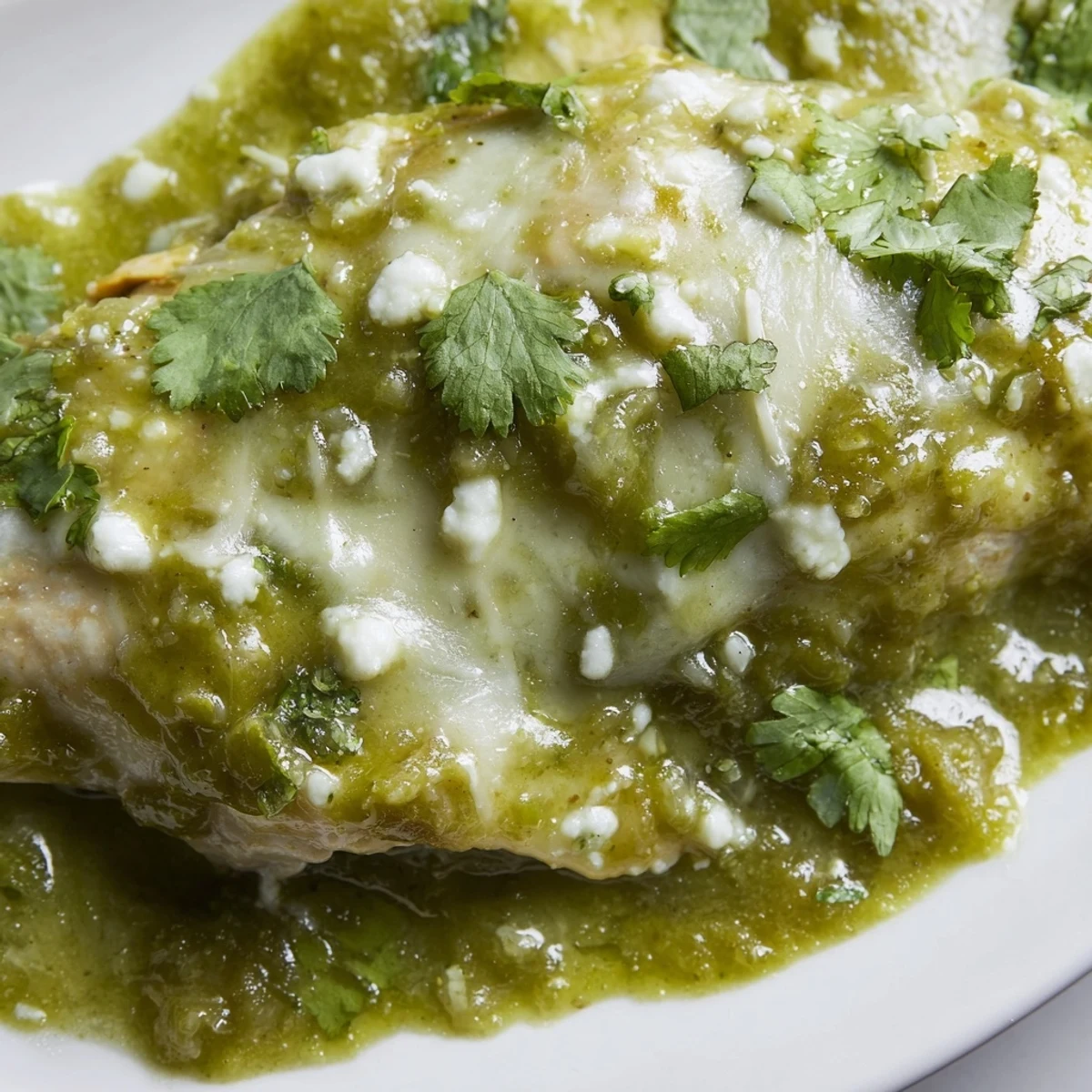 Golden pan-seared chicken breasts nestled in vibrant green salsa verde sauce with fresh cilantro garnish