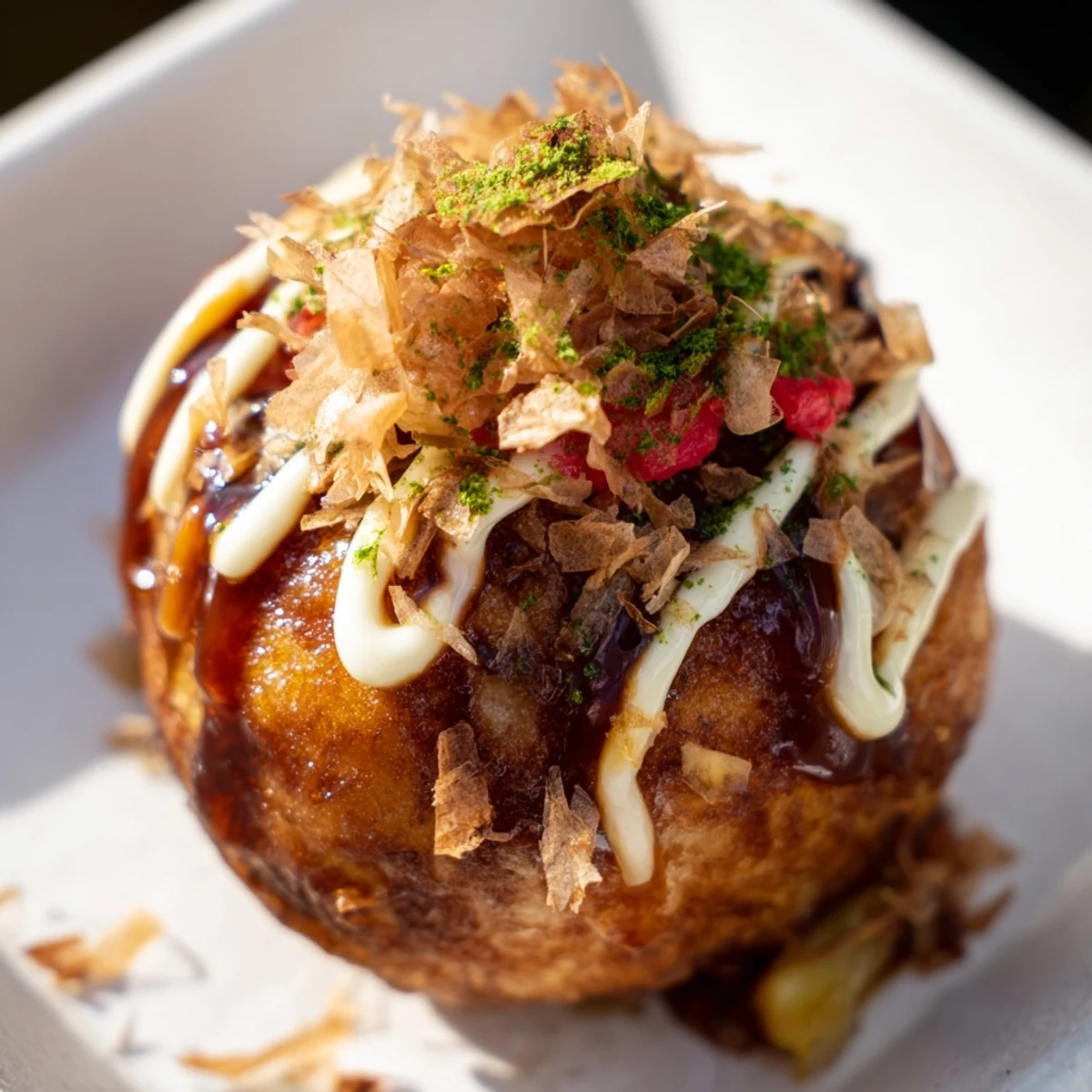 Golden crispy Takoyaki balls drizzled with savory sauce and mayonnaise, topped with dancing bonito flakes