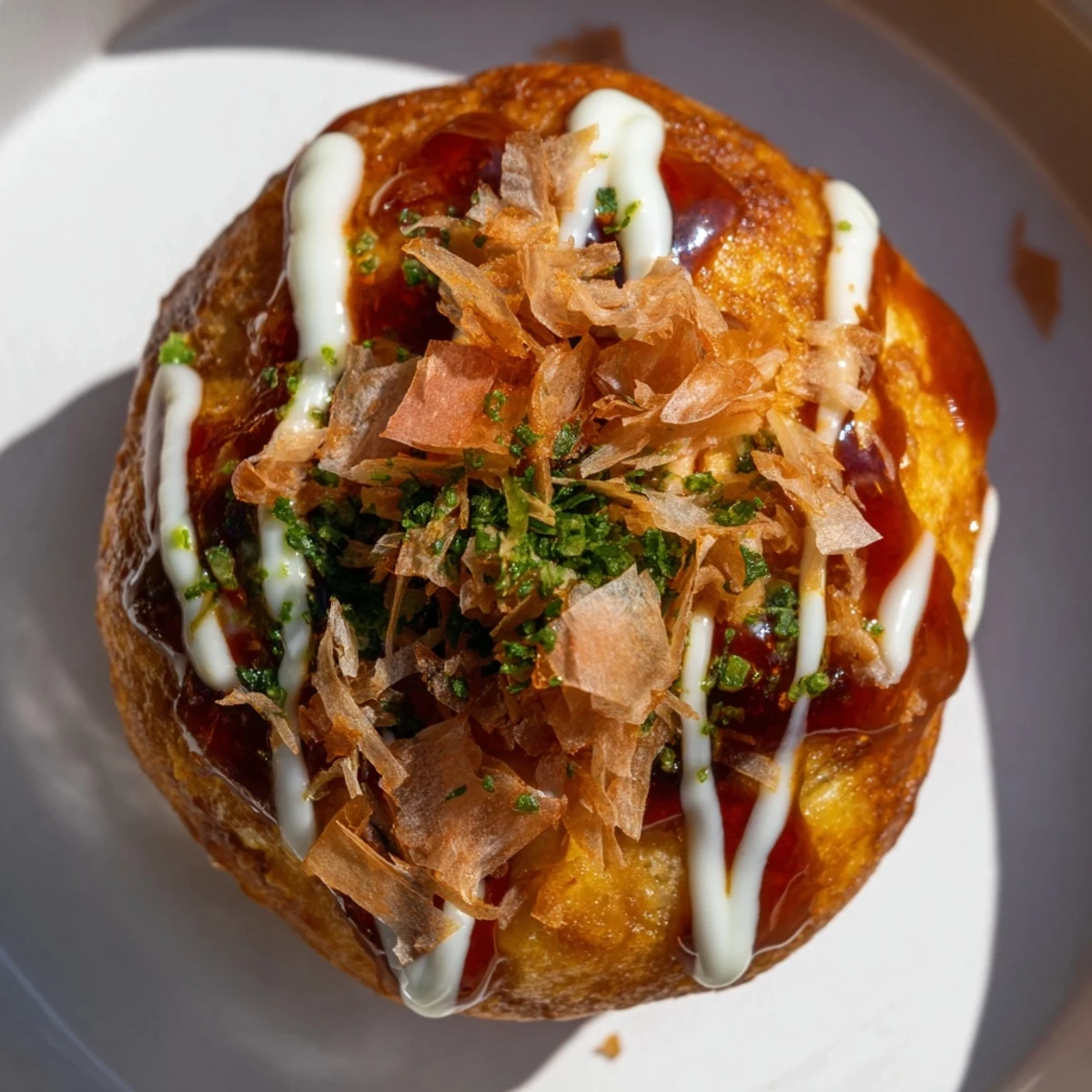 Freshly cooked Takoyaki appetizer sprinkled with dried seaweed and pickled ginger, golden brown and steaming hot