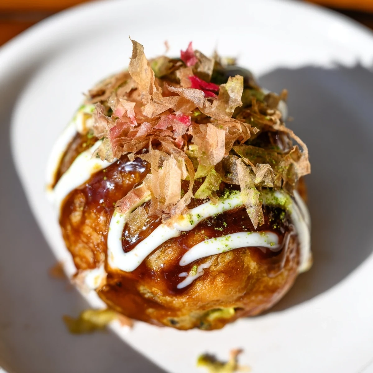 Homemade Japanese Takoyaki served hot on a plate with tender octopus pieces and green onion filling