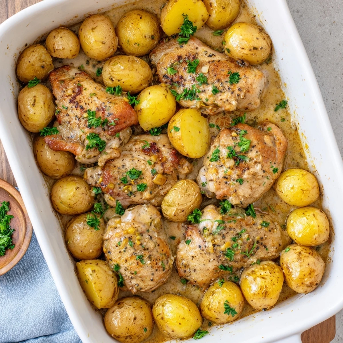 Golden chicken breasts and baby potatoes swimming in rich garlic Parmesan cream sauce