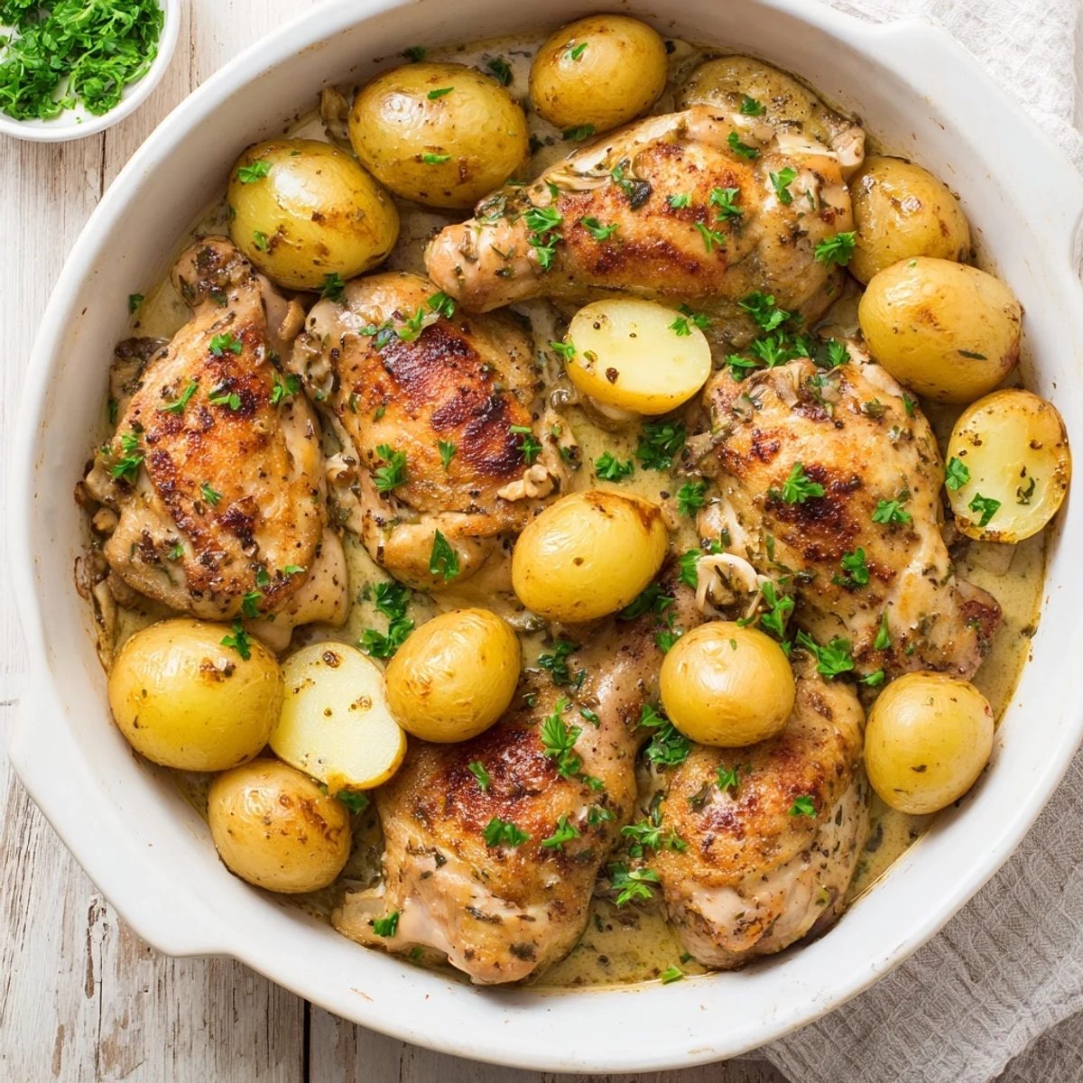 One pan chicken and potatoes with golden crust in savory garlic cream sauce