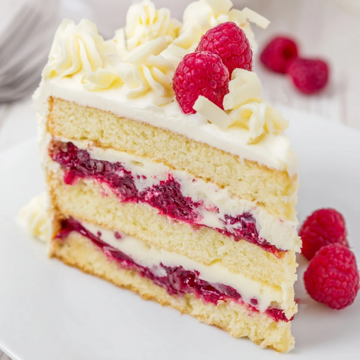 White Chocolate Raspberry Cream Cake with fluffy vanilla layers and ruby red raspberry compote