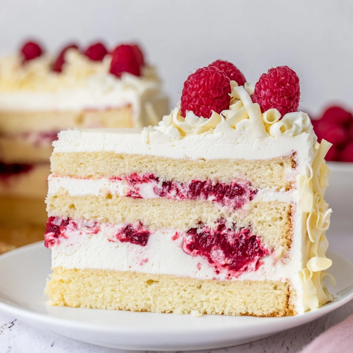 Slice of White Chocolate Raspberry Cream Cake showing creamy white chocolate filling between tender sponge