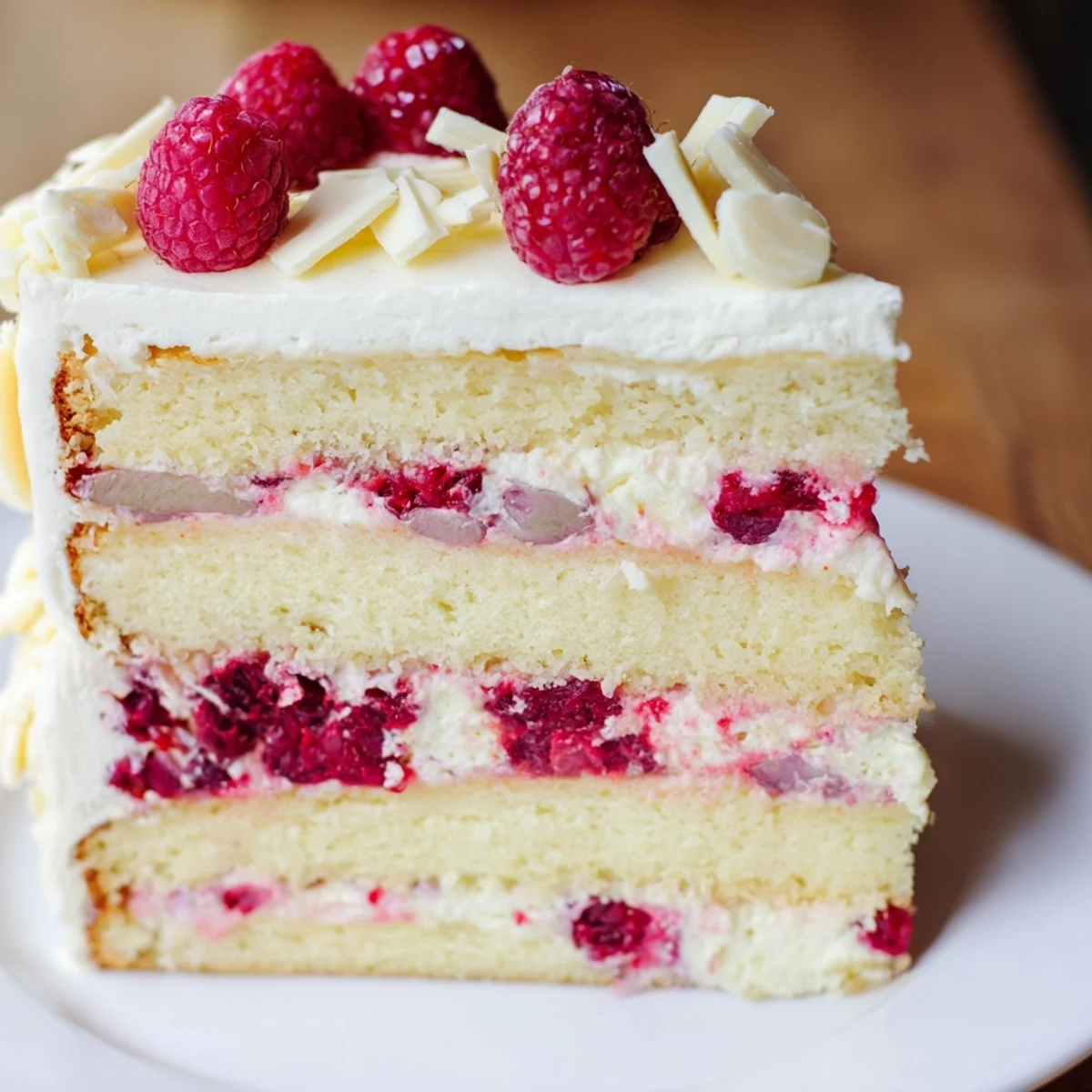 Decadent White Chocolate Raspberry Cream Cake topped with whipped cream and fresh red raspberries