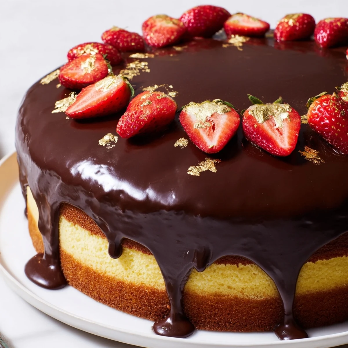 Decadent strawberry chocolate shell cake with glossy dark chocolate coating and fresh berry topping