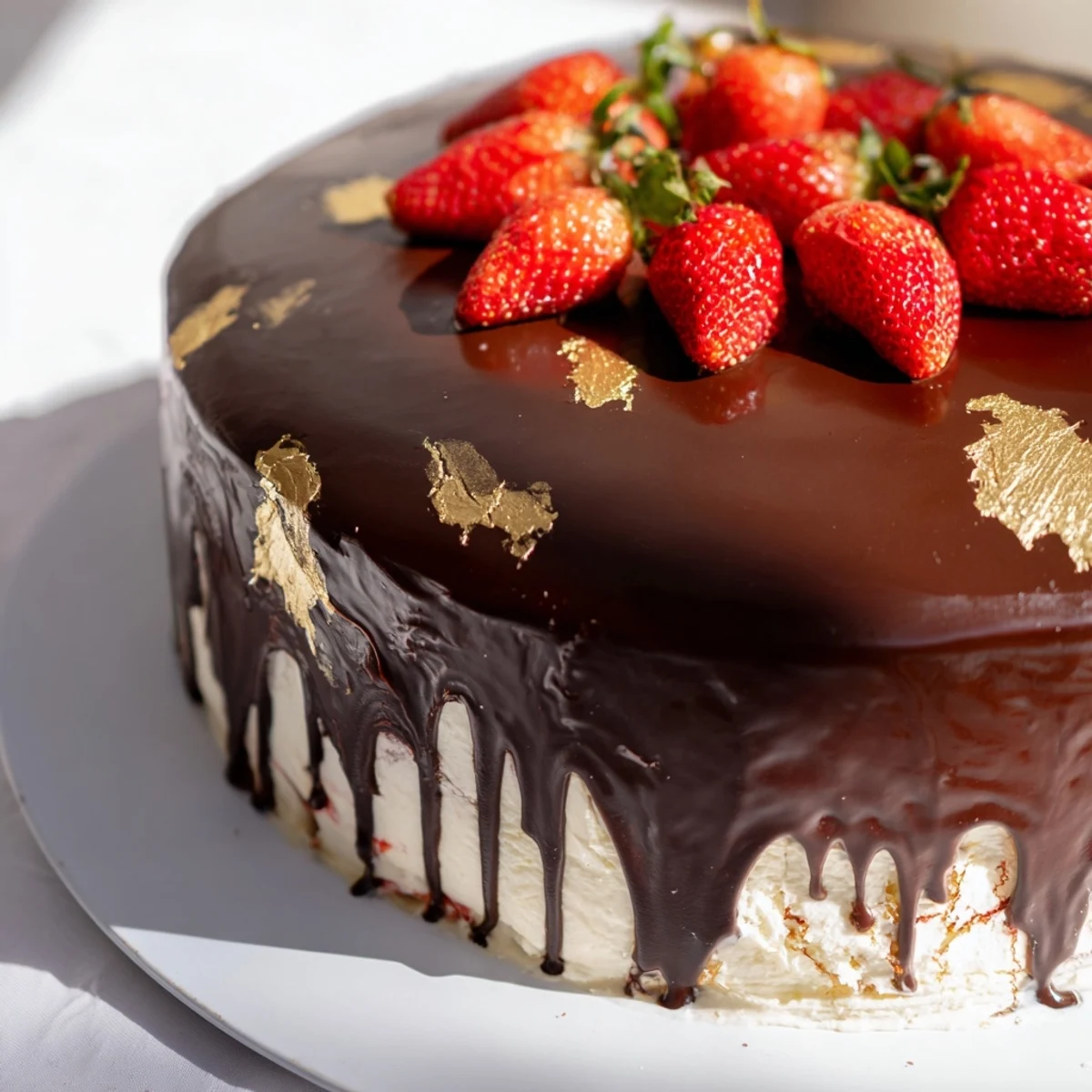 Layered vanilla sponge cake filled with sweet strawberry jam beneath a crackling chocolate shell