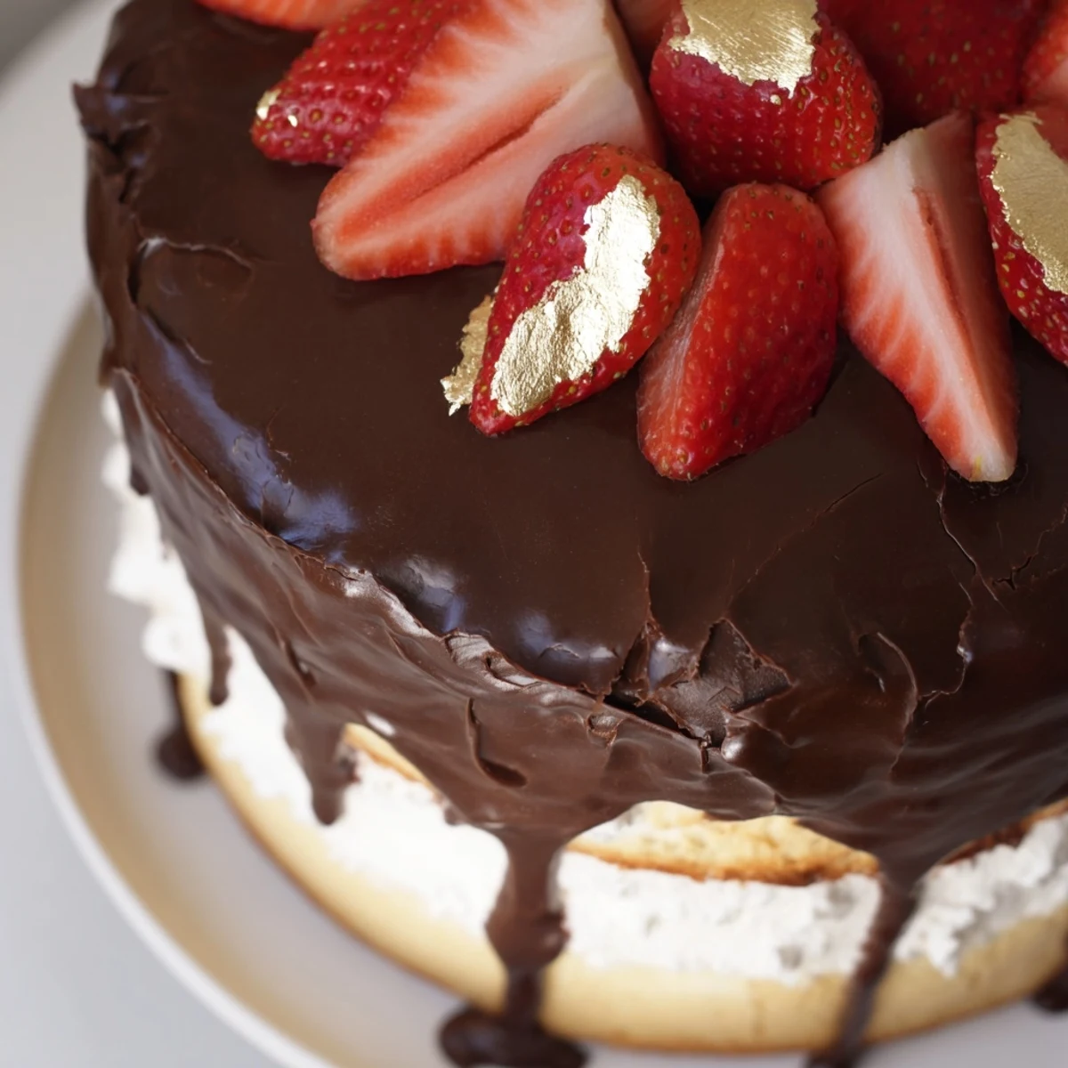 Show-stopping strawberry chocolate shell cake featuring whipped cream layers and mirror-like chocolate glaze