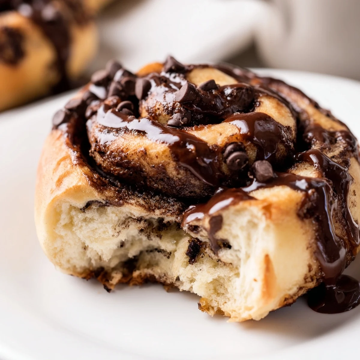 Freshly baked Double Chocolate Cinnamon Rolls with gooey chocolate filling and decadent chocolate glaze drizzled over warm spiraled pastry