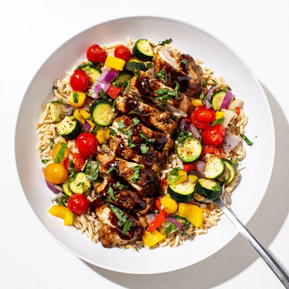 Golden balsamic chicken breast slices arranged over colorful roasted vegetables and fluffy orzo pasta with fresh green herbs