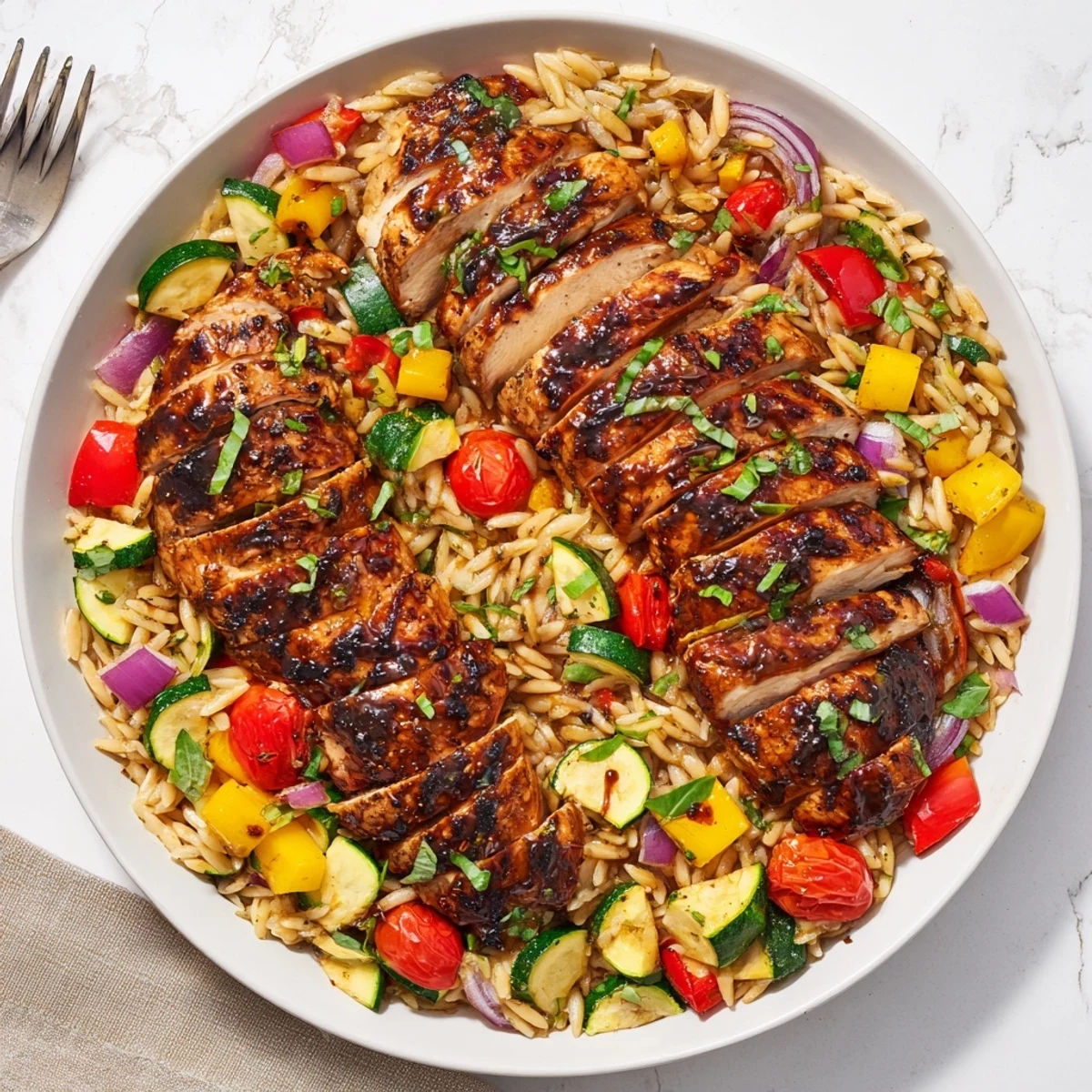 Plate of juicy balsamic chicken with roasted zucchini peppers and herb-seasoned orzo pasta garnished with fresh parsley and basil