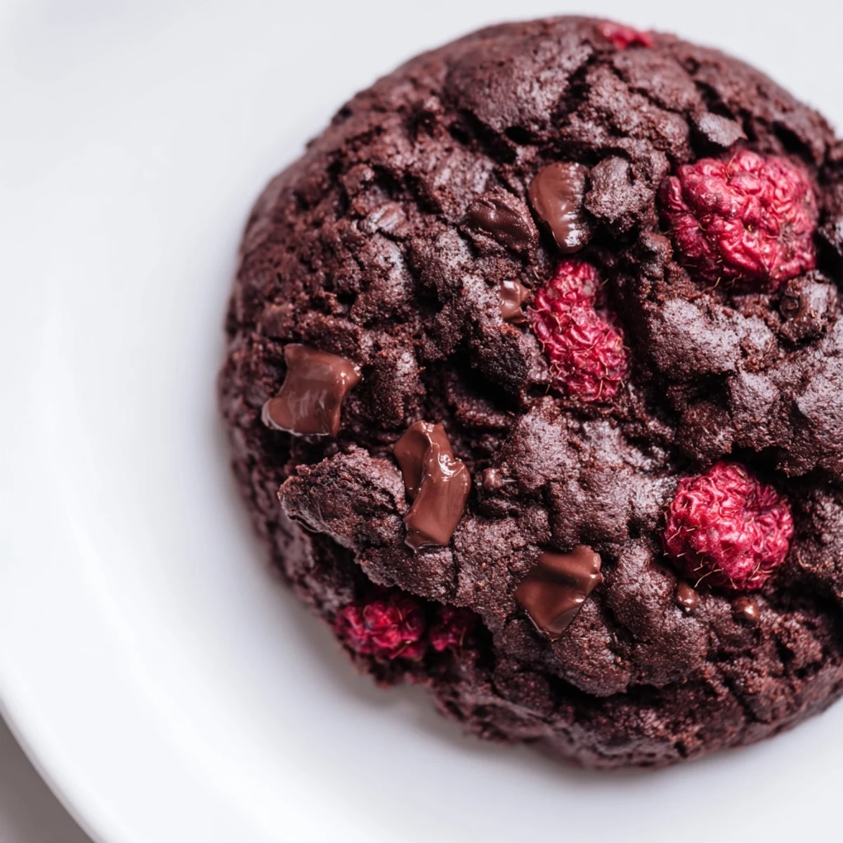 Chewy dark chocolate raspberry cookies studded with melted chunks and tart berries on a cooling rack