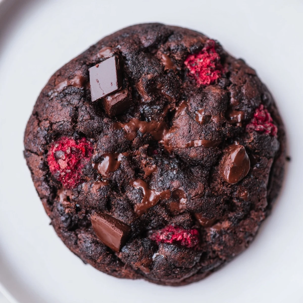 Freshly baked dark chocolate raspberry cookies with gooey chocolate pockets and bright red raspberry bits