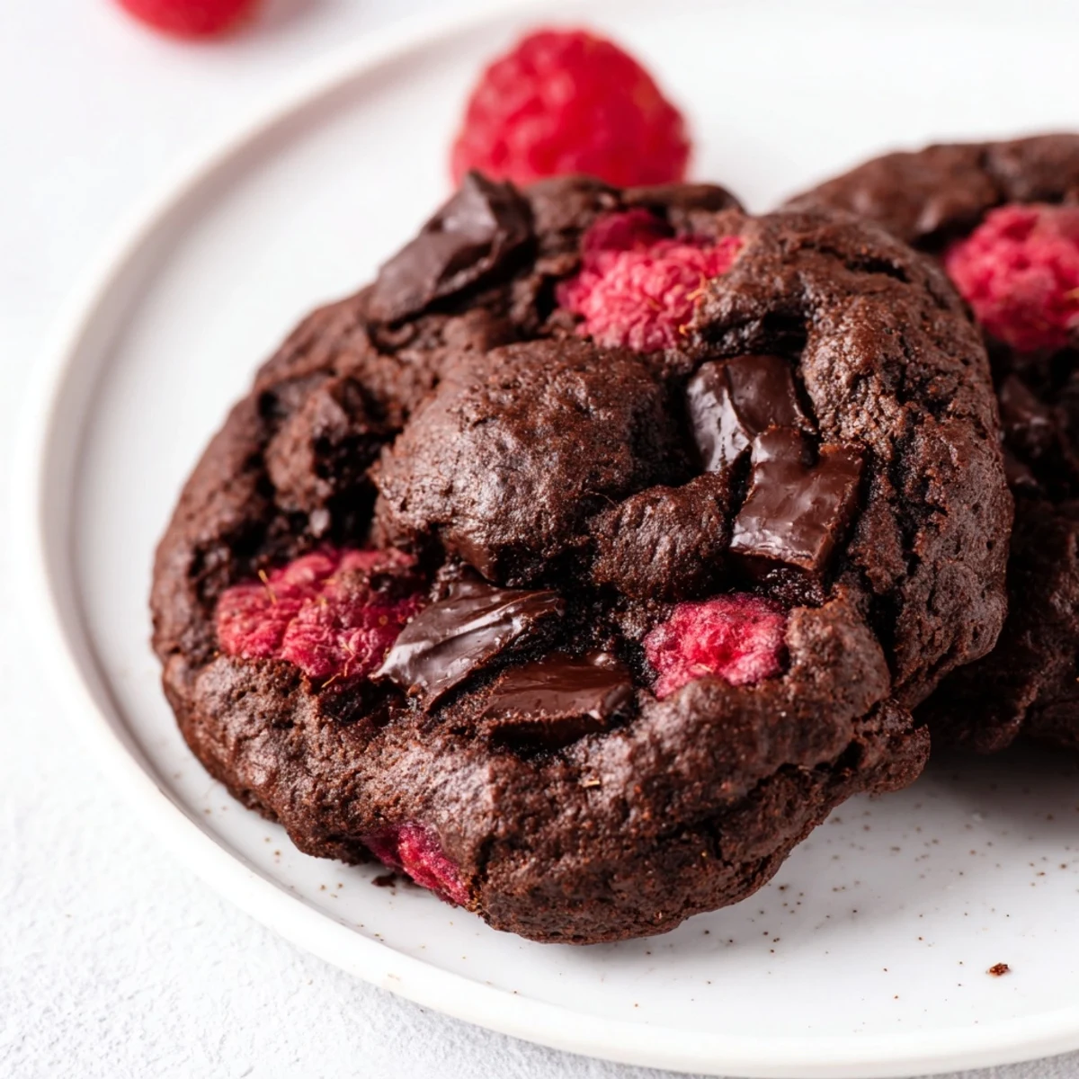 Plate of rich dark chocolate raspberry cookies featuring soft centers and scattered fruit pieces