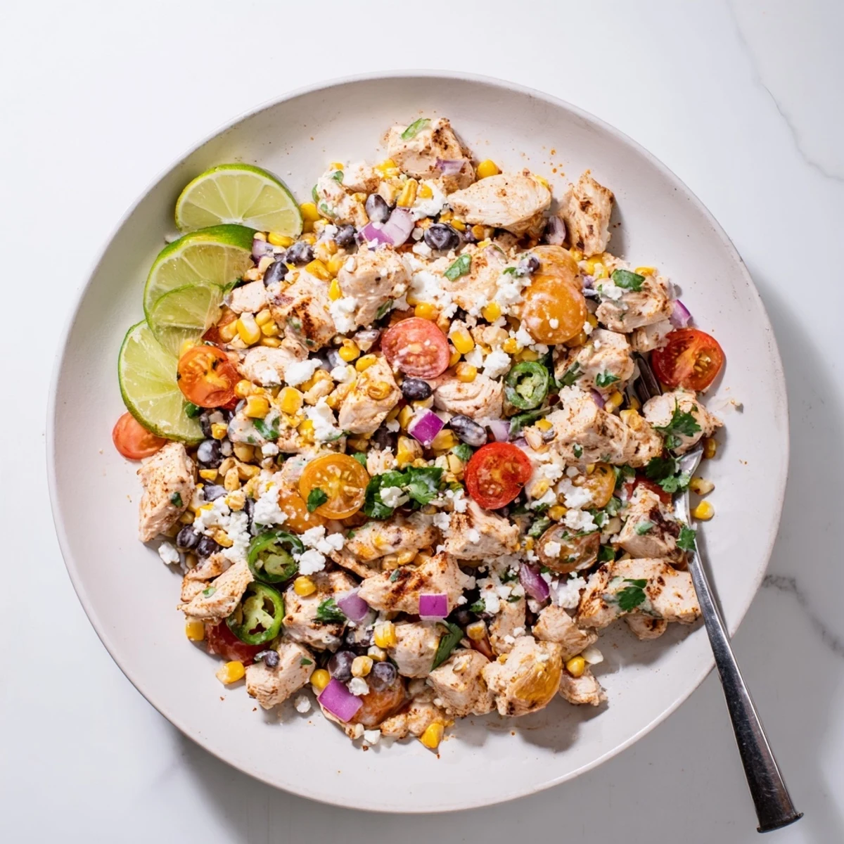 Colorful high protein chicken street corn salad bowl with grilled chicken chunks, sweet corn, black beans, cherry tomatoes, and creamy yogurt dressing garnished with cotija cheese and fresh cilantro