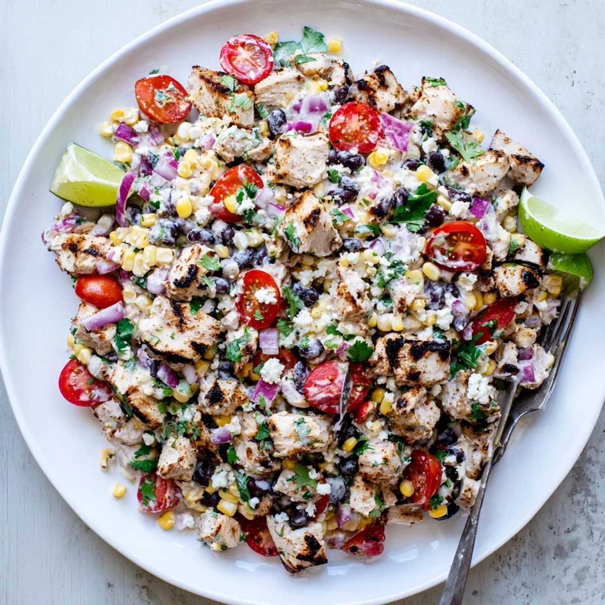 Vibrant chicken street corn salad featuring charred corn kernels, diced grilled chicken breast, black beans, and red onion tossed in tangy Greek yogurt lime dressing