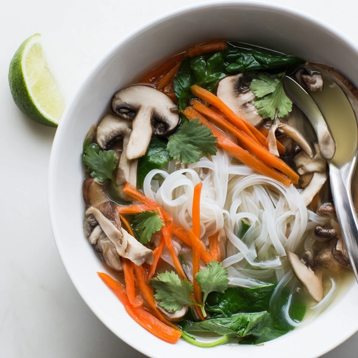 Aromatic Asian-inspired soup featuring tender rice noodles in ginger garlic broth with colorful vegetable toppings.