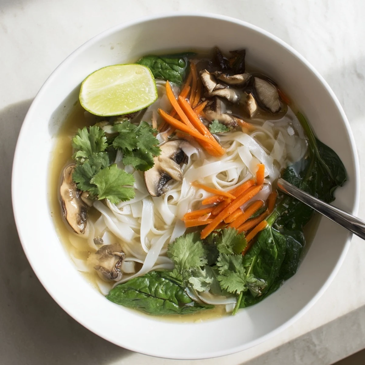 Steaming bowl of healing ginger garlic broth with rice noodles, fresh spinach, and fragrant herbs.