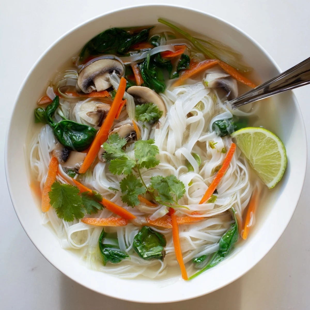 Comforting vegan noodle soup with shiitake mushrooms, carrots, and cilantro in a savory ginger-infused broth.