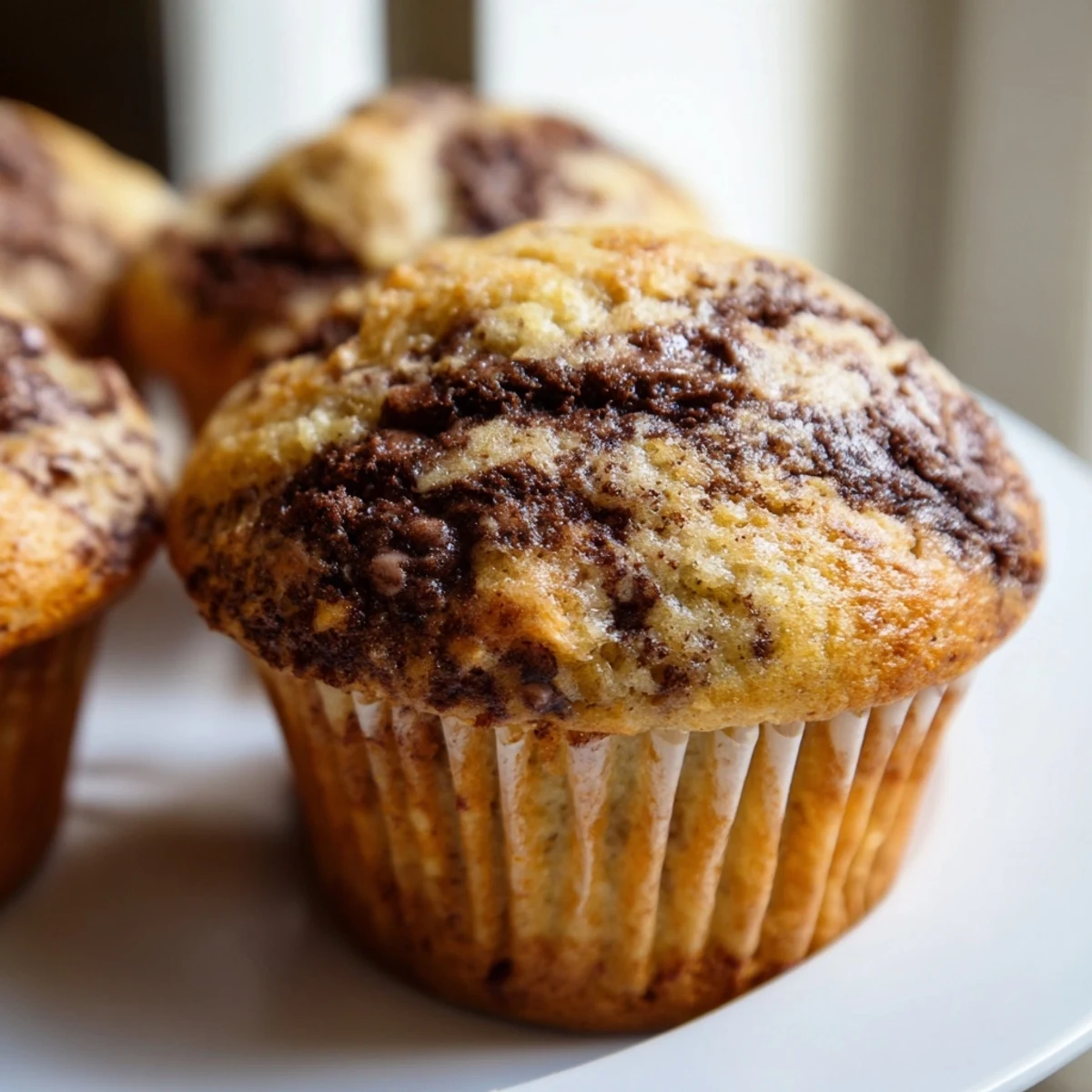 Freshly baked Nutella banana muffins with golden brown tops and chocolate hazelnut swirls