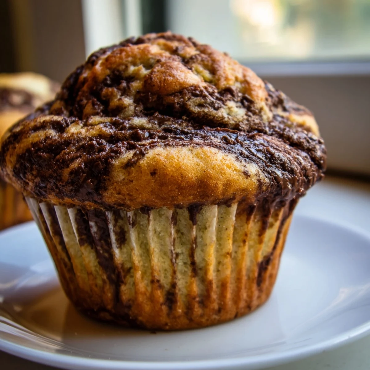 Moist banana muffins topped with melted Nutella spiraling into the fluffy crumb