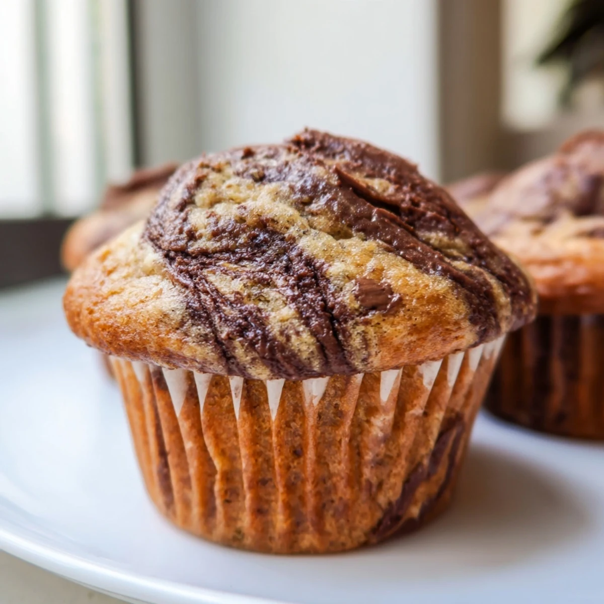 Batch of twelve warm Nutella banana muffins cooling on a wire rack with paper liners