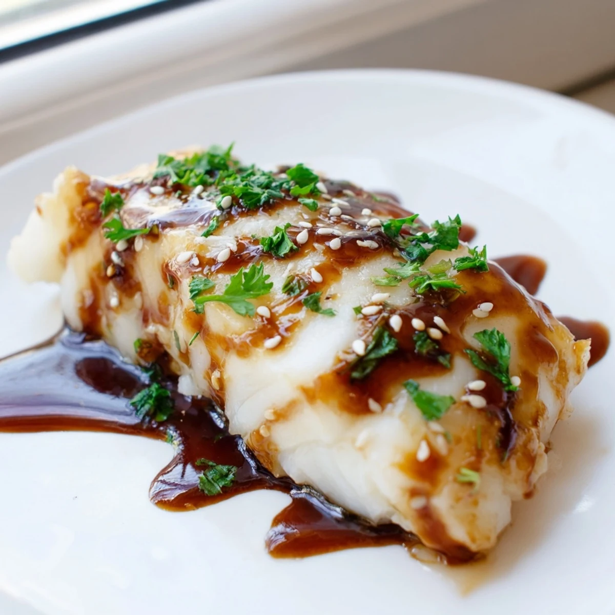Golden baked cod fillets glazed with glossy honey soy marinade and fresh herbs