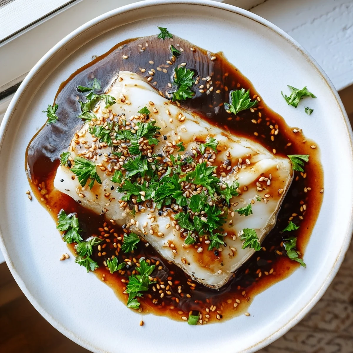 Flaky white cod pieces drizzled with sweet savory honey soy sauce after baking