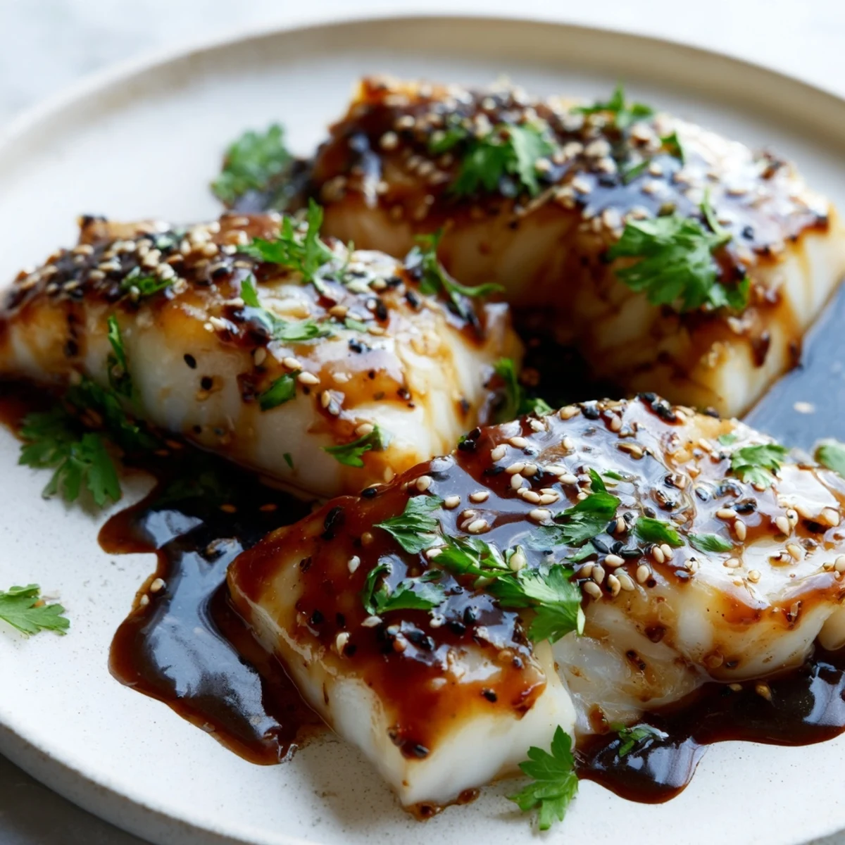 Tender baked cod with caramelized honey soy glaze garnished with sesame seeds and parsley