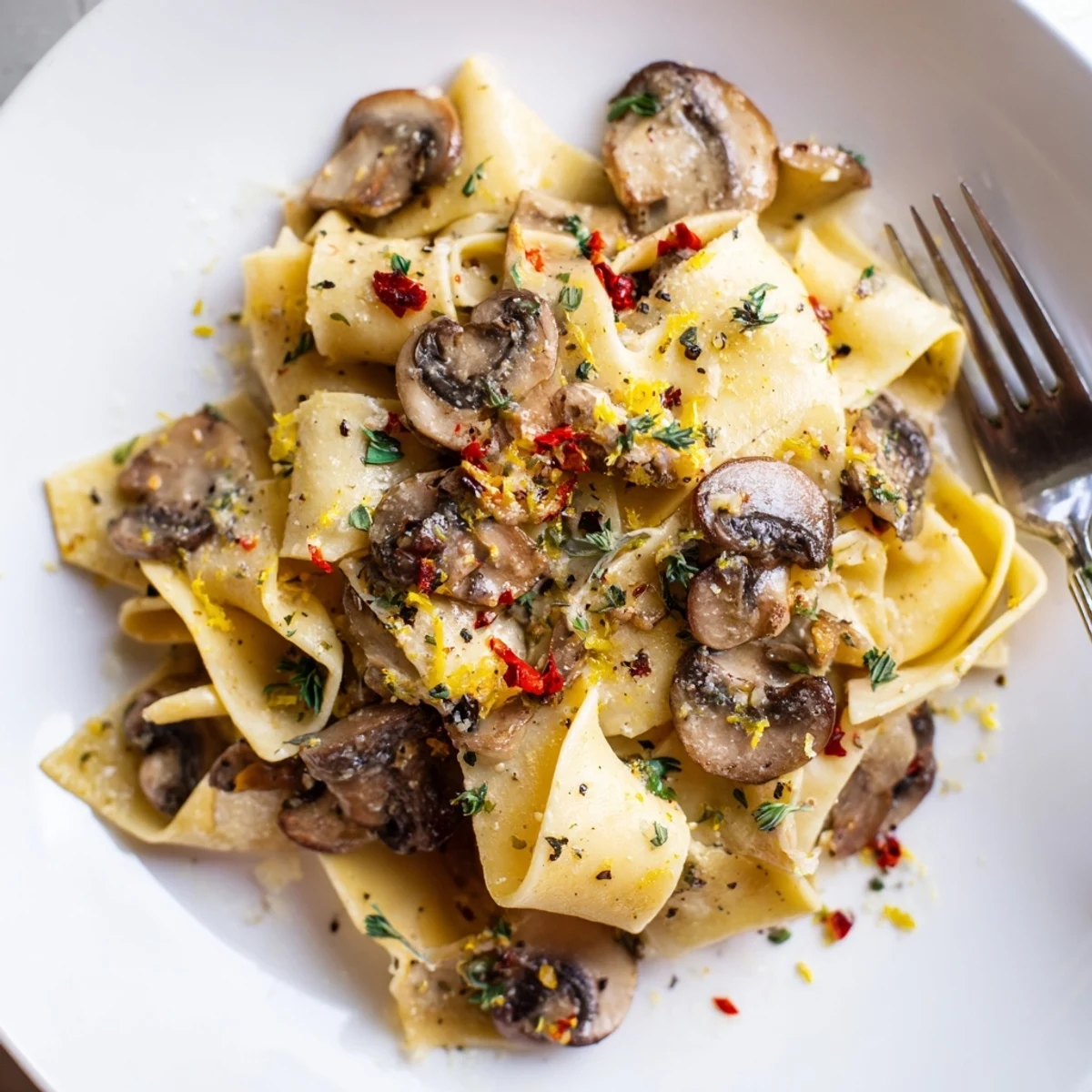 Golden brown mushrooms coat wide pappardelle noodles in a rich, velvety garlic butter sauce with fresh herbs and grated Parmesan.