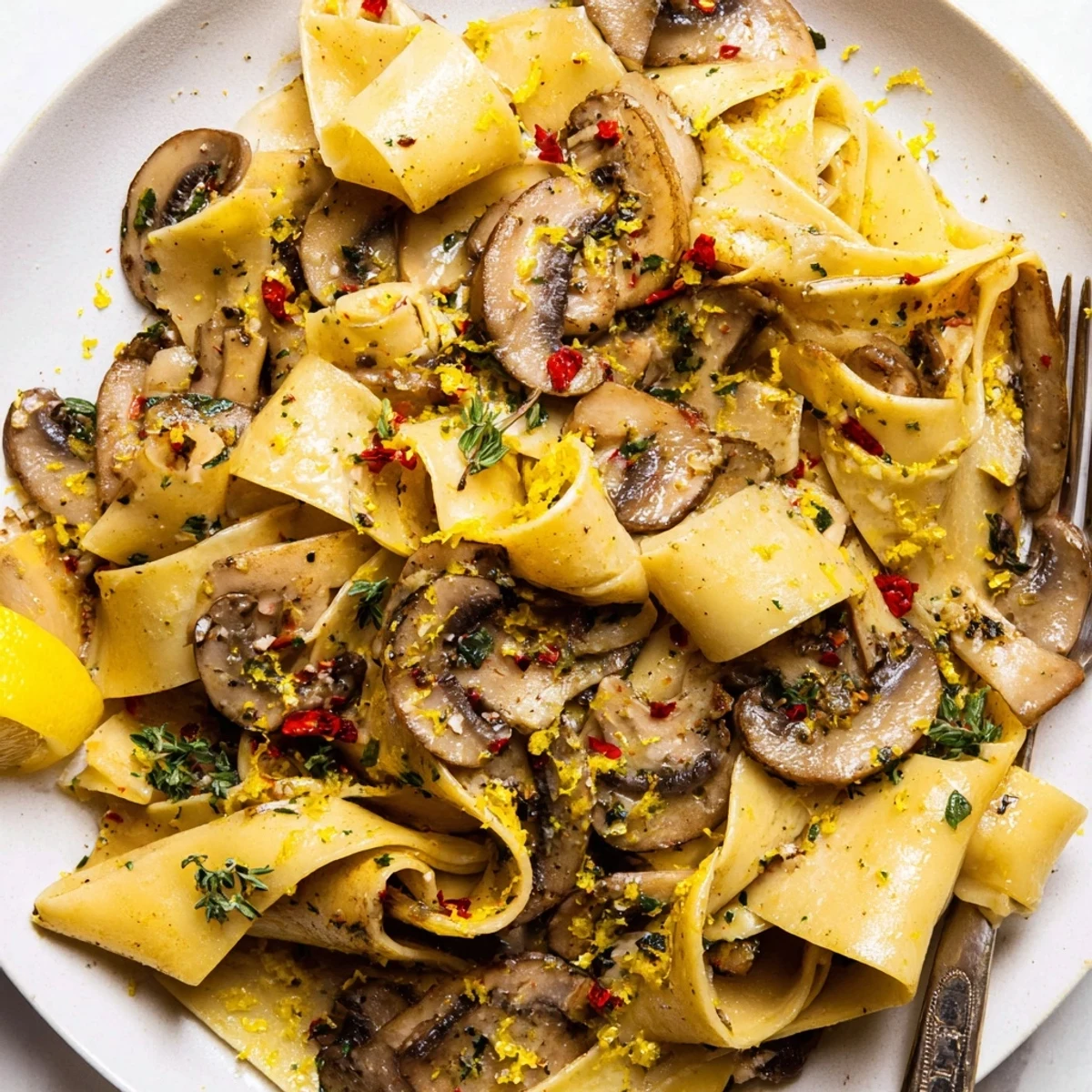 Wide ribbon pasta tossed with sautéed mushrooms in a luscious garlic butter sauce, garnished with lemon zest and parsley.