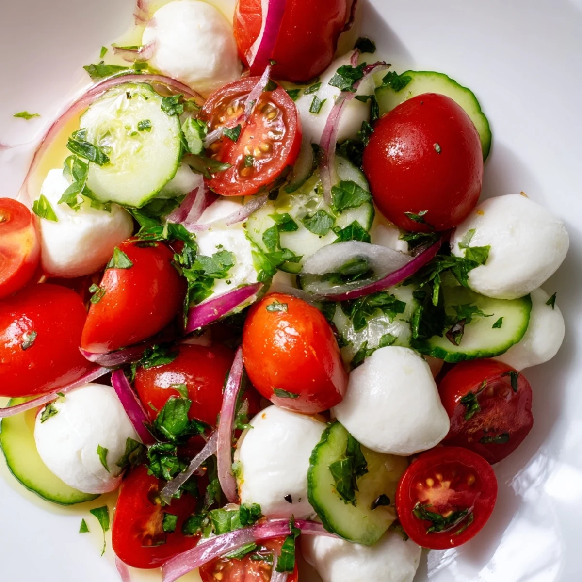 Colorful Mediterranean-style cucumber mozzarella salad layered with crisp vegetables and creamy cheese on rustic wooden board