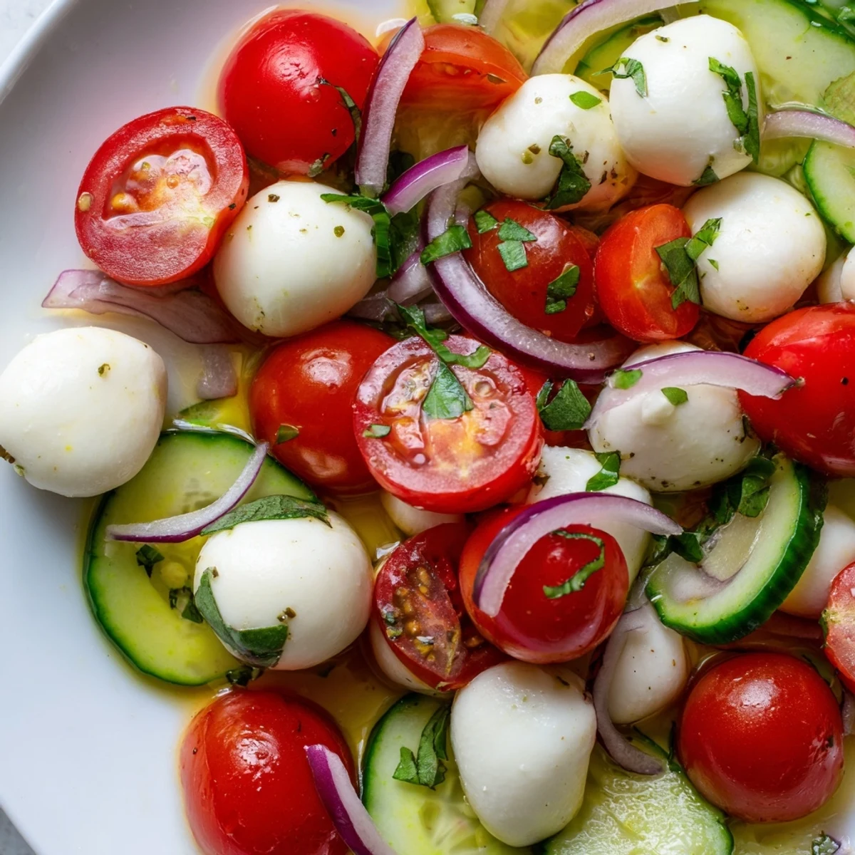 Fresh cucumber mozzarella salad with cherry tomatoes, basil, and tangy herb dressing in white bowl