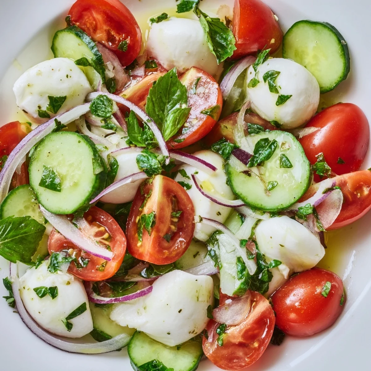 Vibrant cucumber mozzarella salad tossed in olive oil dressing, garnished with fresh basil and parsley leaves