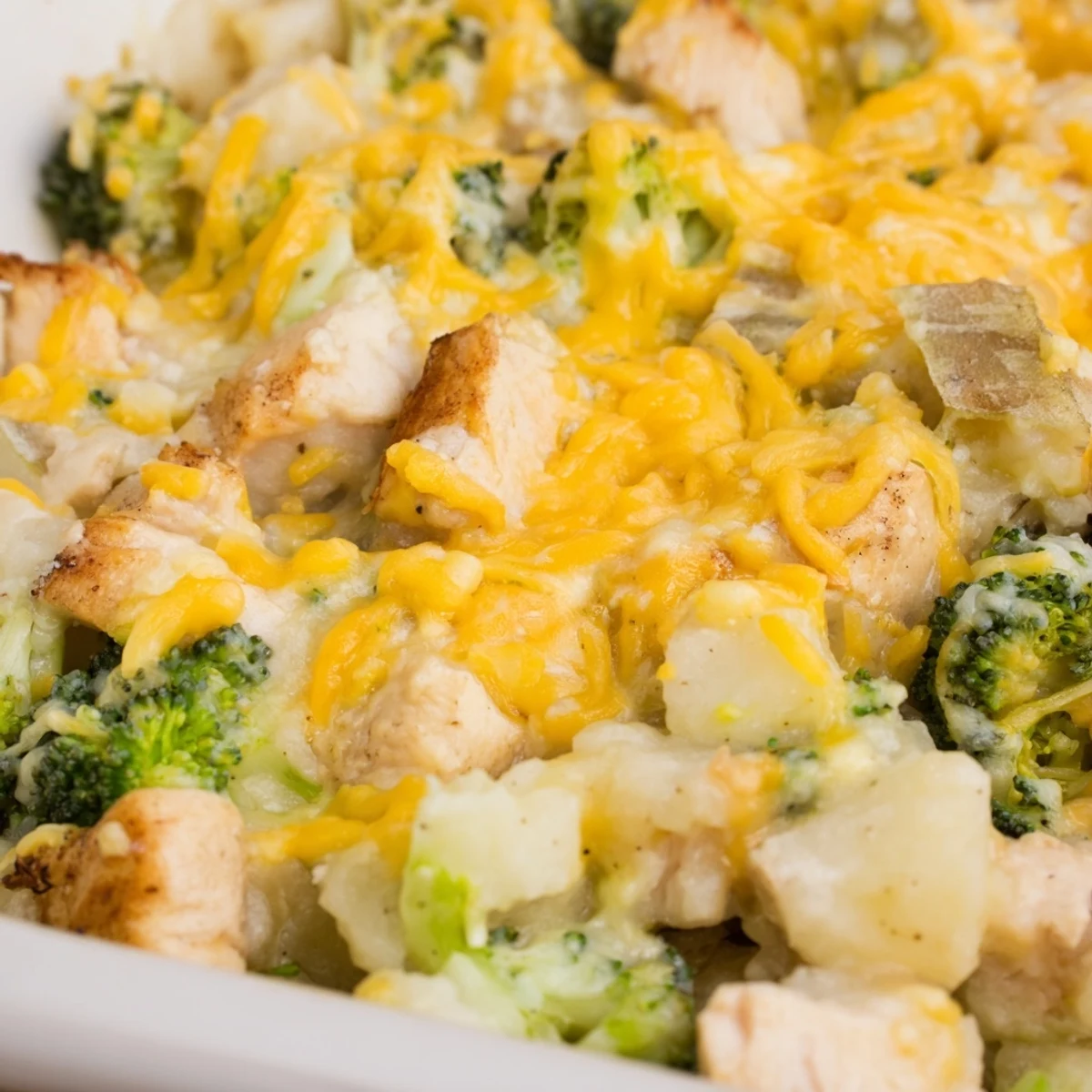 Golden baked potato chicken broccoli casserole with melted cheddar topping in a glass baking dish