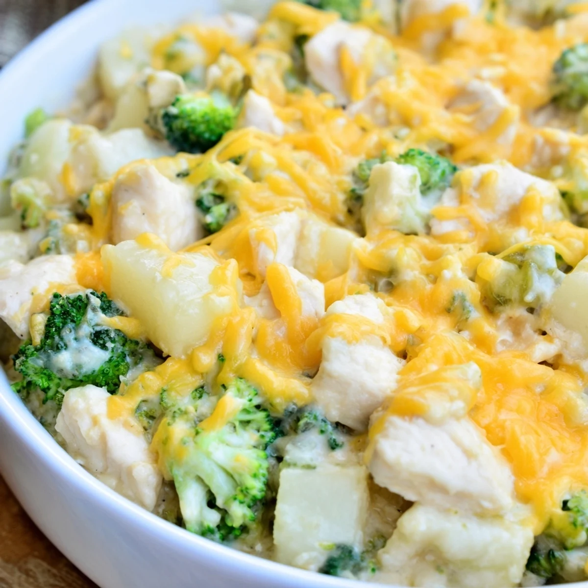 Hearty gluten-free baked potato chicken broccoli casserole served hot with golden cheesy edges