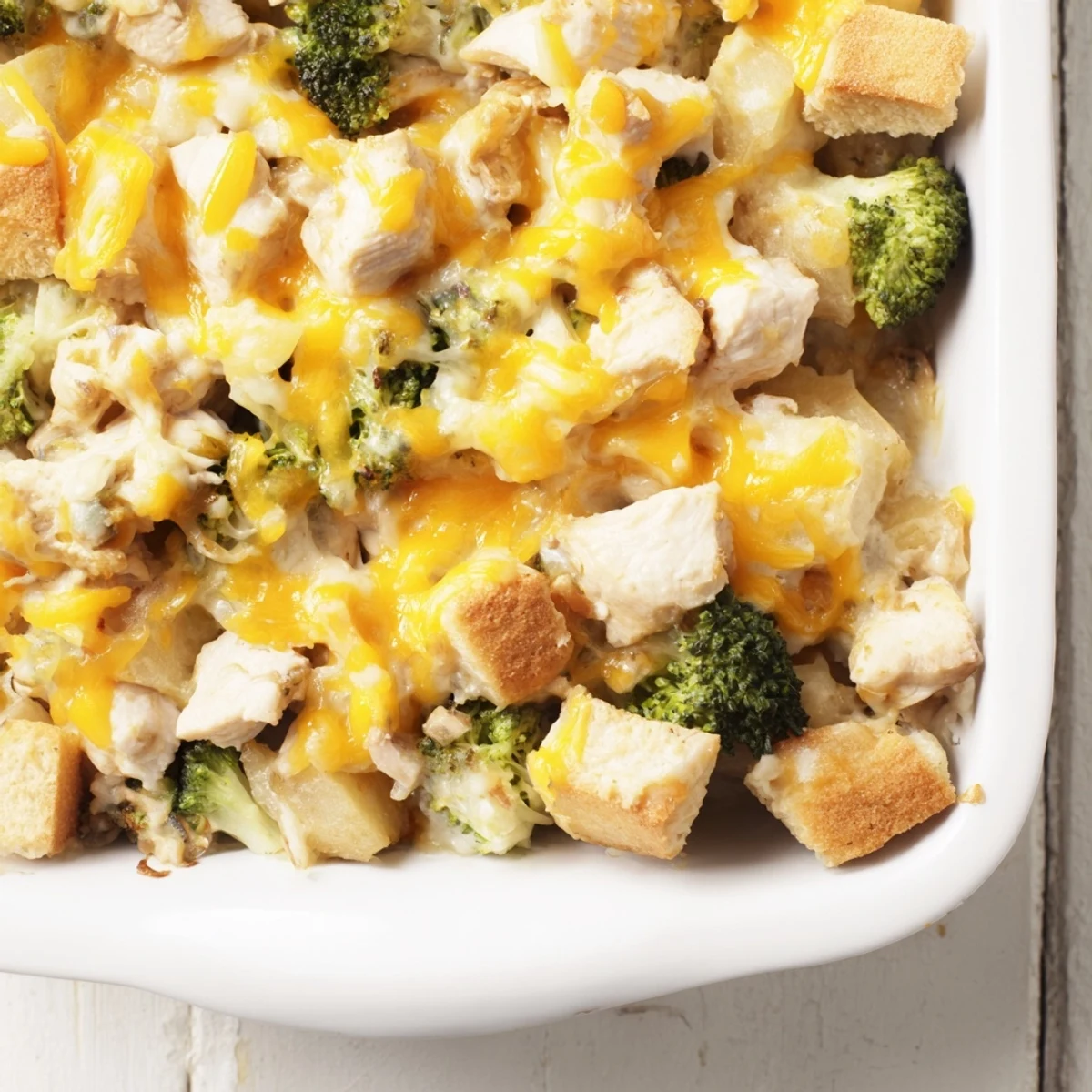 Creamy chicken and potato casserole featuring tender broccoli florets under a bubbly cheese crust