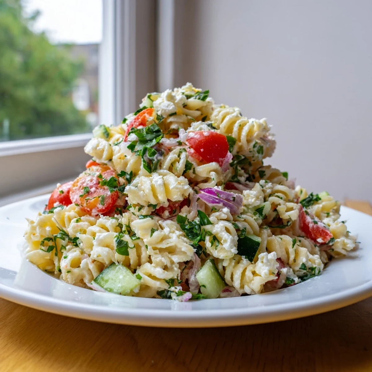 Golden lemon pasta salad mounded in a white bowl with colorful cherry tomatoes, cucumber, and fresh green herbs glistening under bright natural lighting