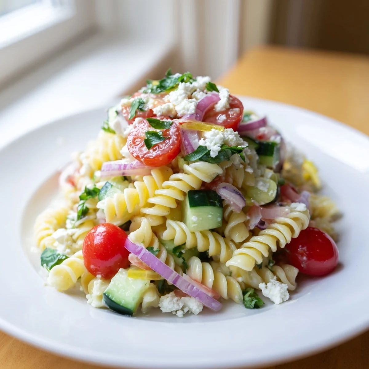 Refreshing lemon pasta salad featuring al dente fusilli tossed with crisp vegetables, crumbled feta, and zesty citrus dressing on a rustic wooden table