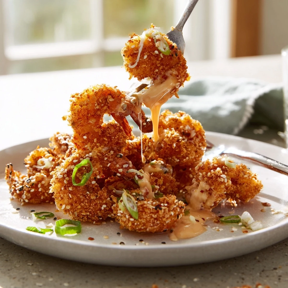 Crispy breaded Bang Bang Shrimp coated in sweet chili Sriracha sauce on a white serving platter
