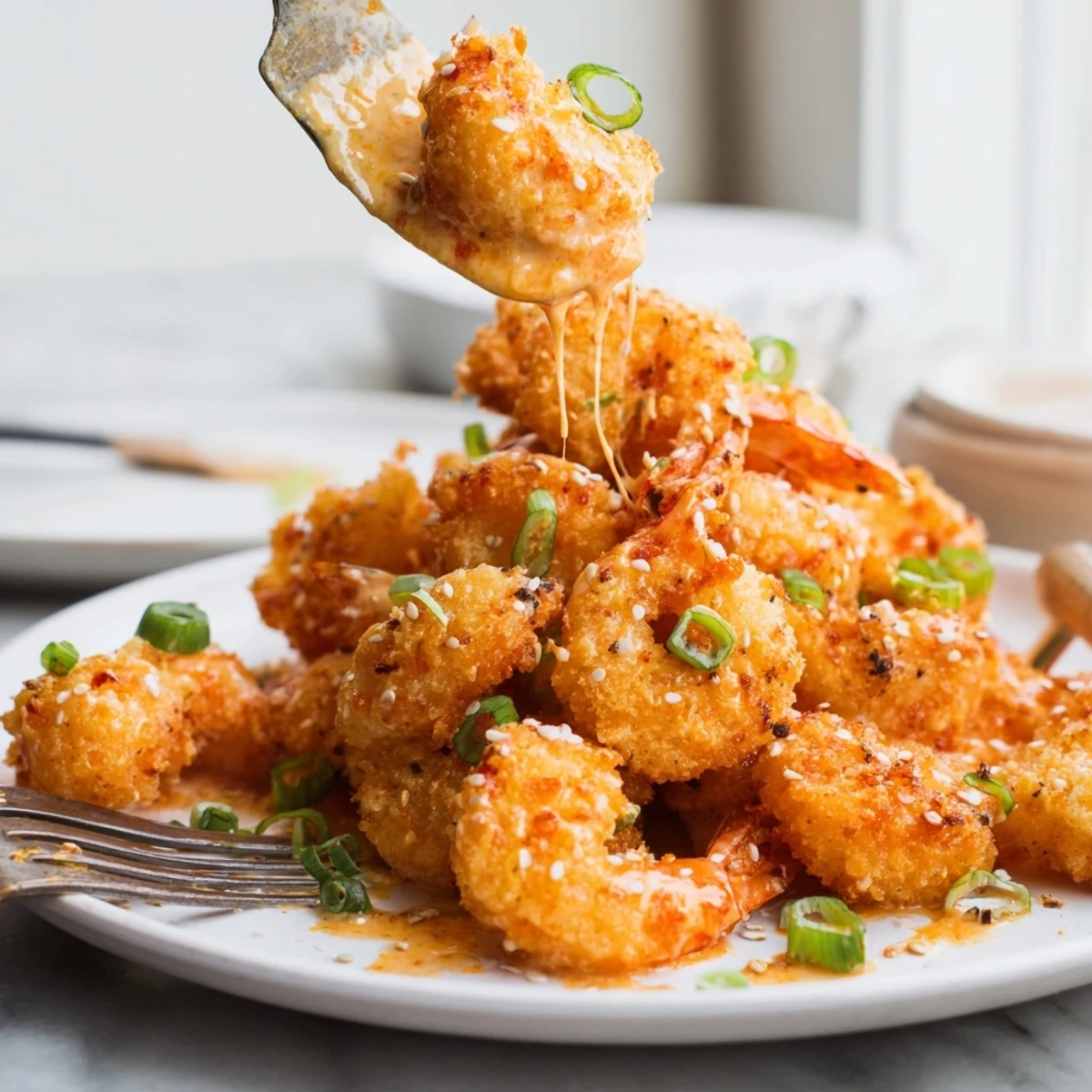 Plate of Bang Bang Shrimp appetizer featuring crispy panko-coated shrimp tossed in tangy pink mayonnaise sauce