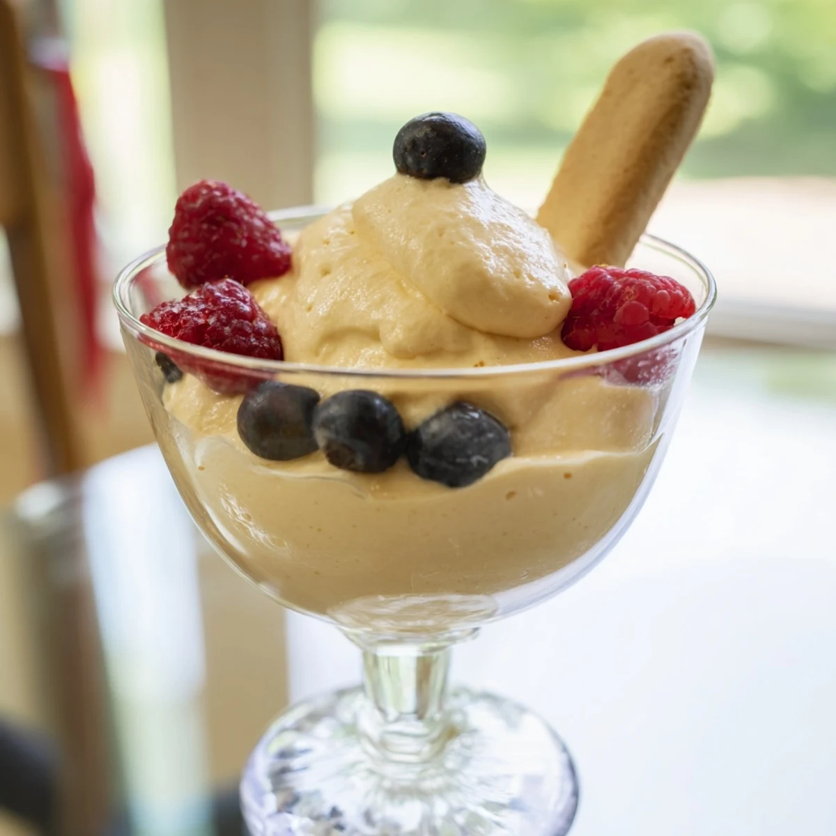 Golden Italian zabaglione custard served warm in elegant glasses with fresh red berries