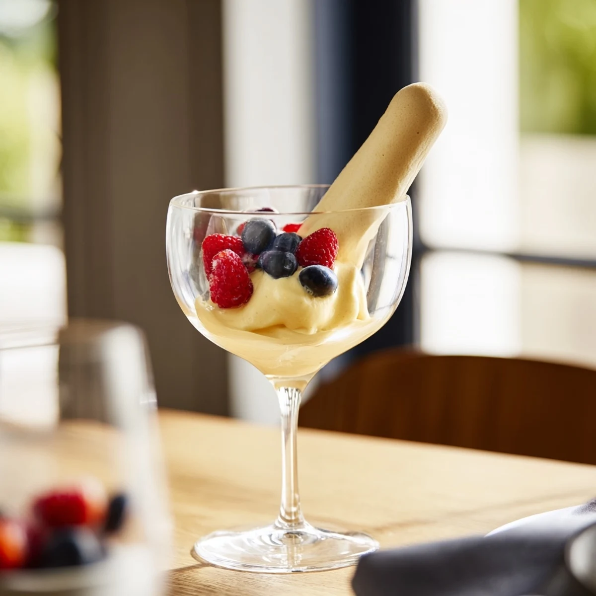Classic Marsala zabaglione featuring airy ribbons of creamy custard topped with ripe strawberries
