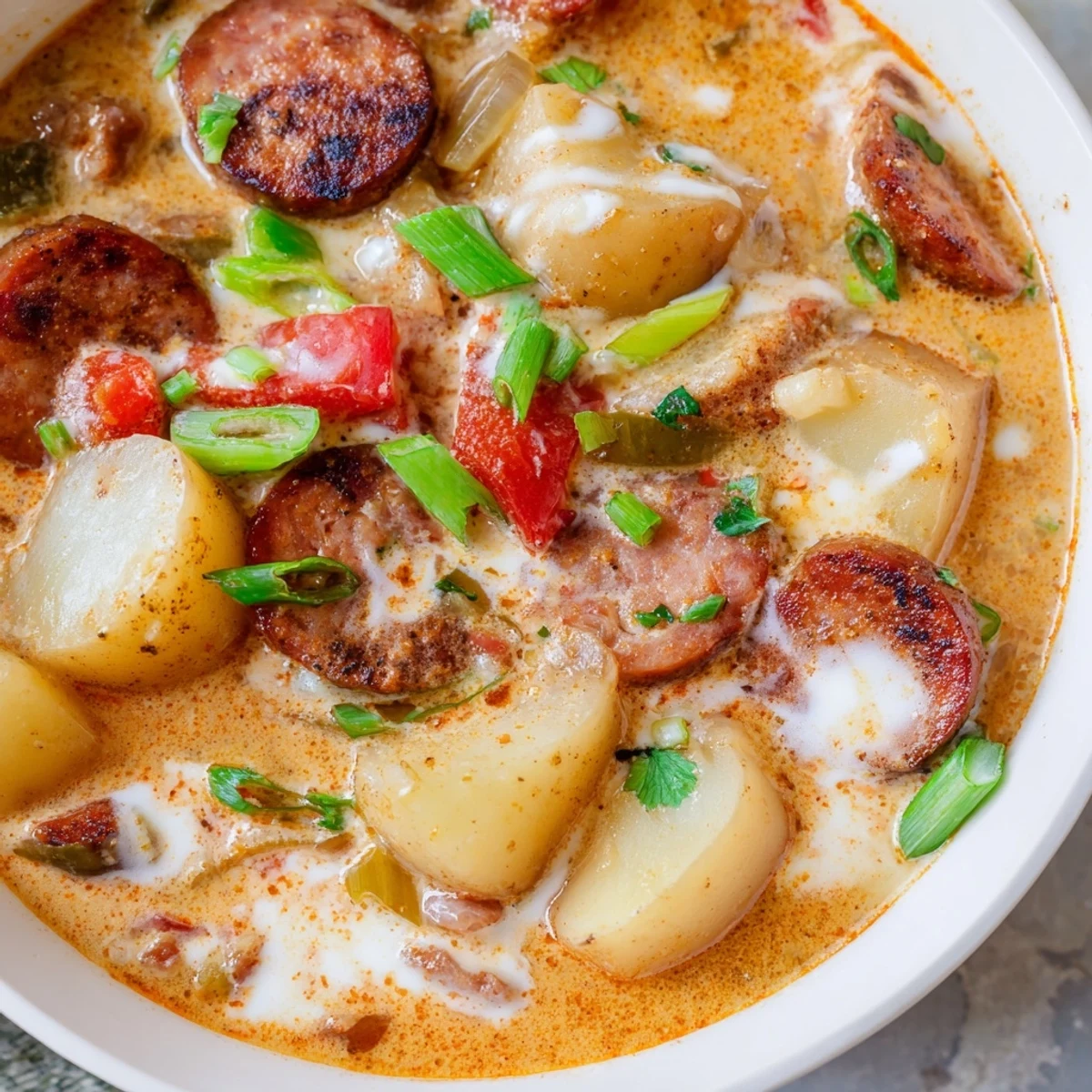 Creamy Cajun potato soup with smoky andouille sausage and colorful diced vegetables in a rustic bowl