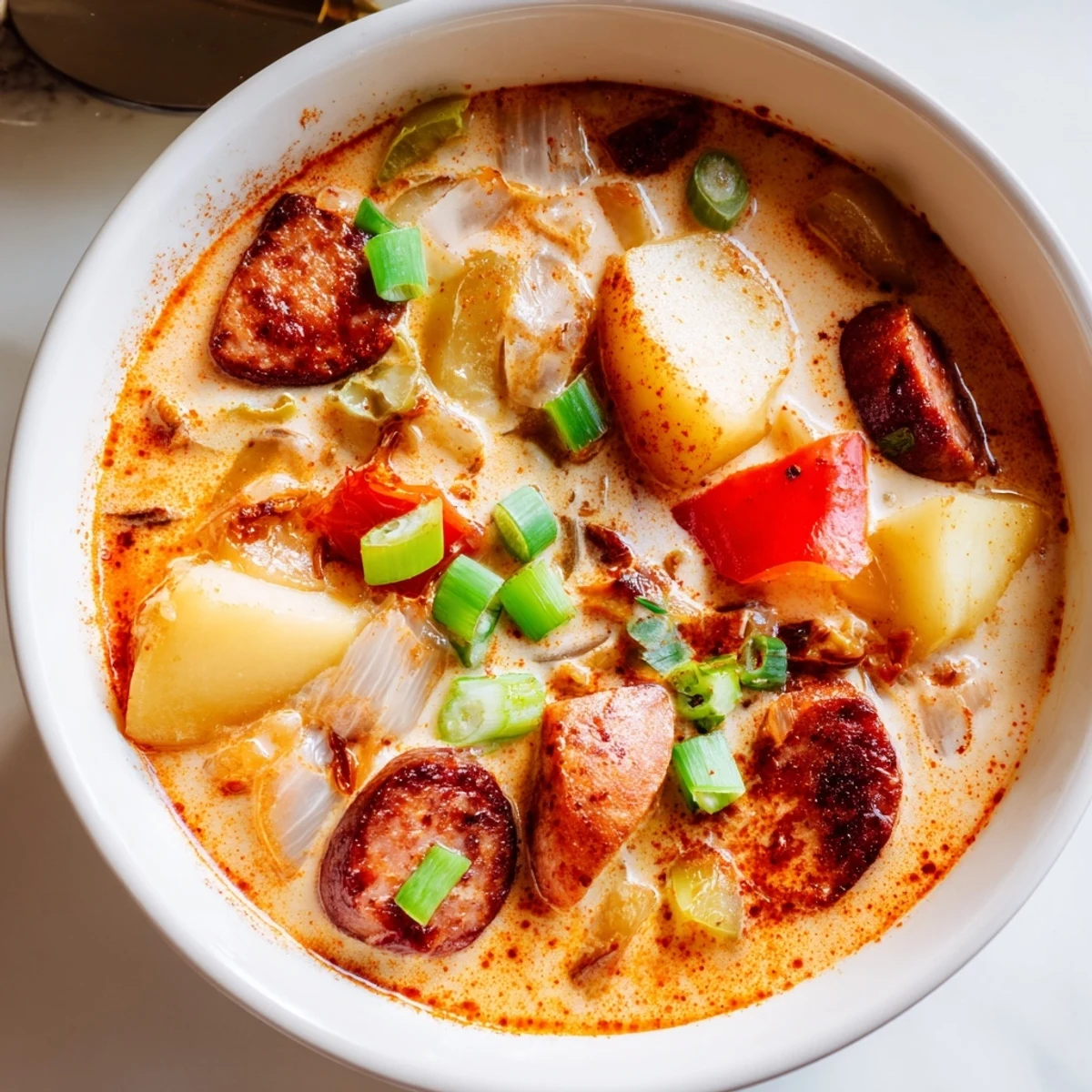 Rich and creamy Southern potato soup featuring tender potatoes, red bell peppers, and spicy smoked sausage