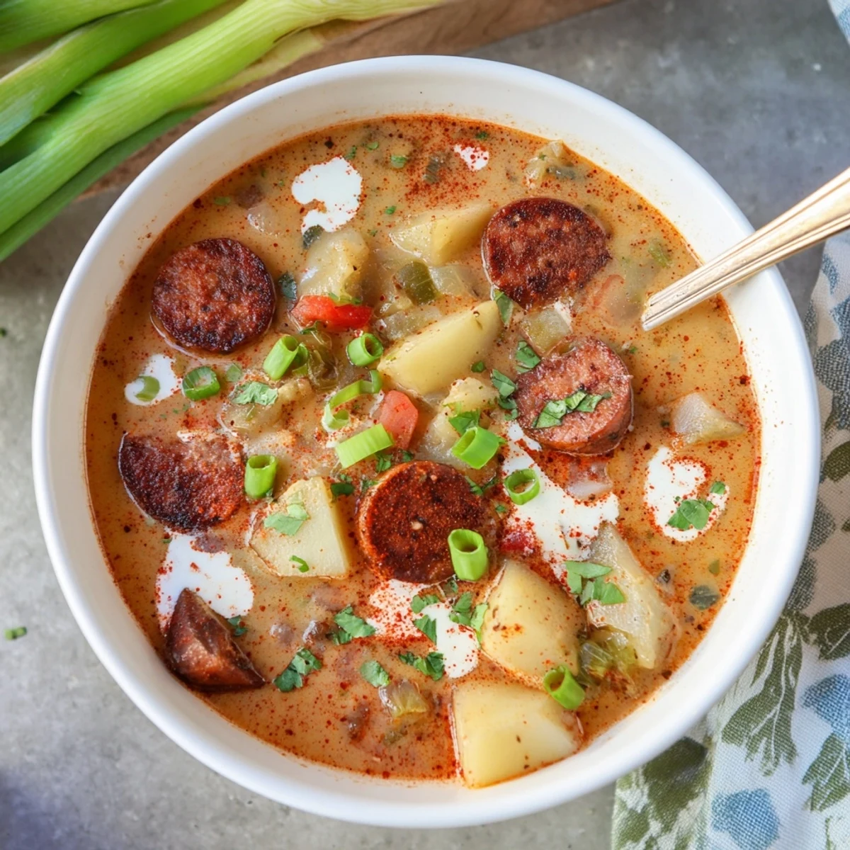 Hearty potato soup simmered with bold Cajun spices topped with sliced green onions and fresh parsley